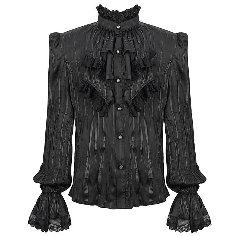 Men's black gothic puff-sleeved ruffled shirt with intricate buttons and lace detailing.