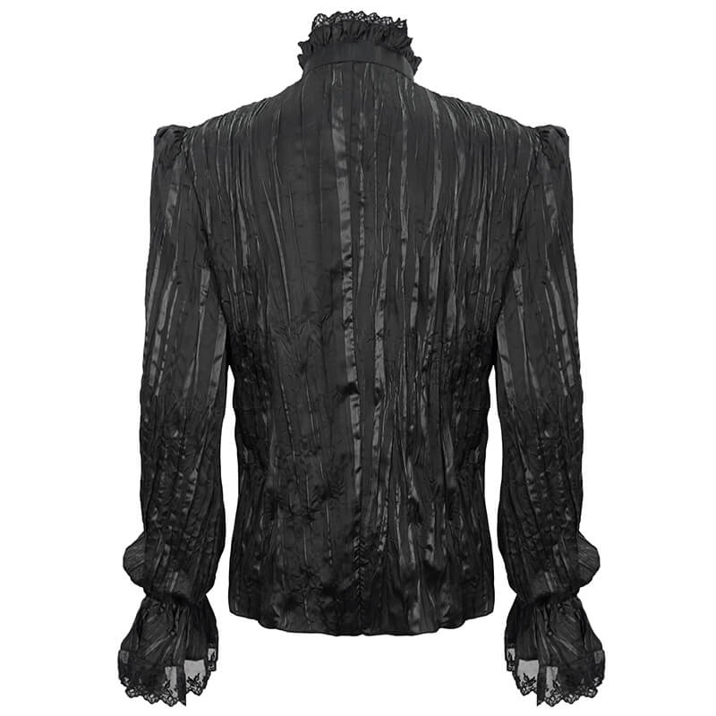 Back view of men's Gothic black puff-sleeved shirt with ruffles and intricate texture.