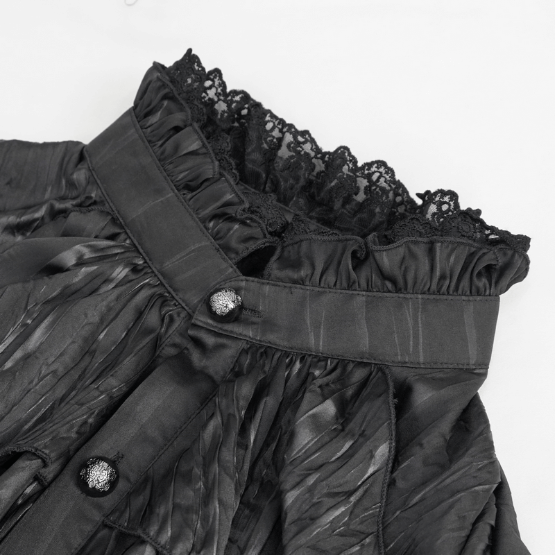 Close-up of gothic puff-sleeved ruffled shirt collar in black with lace detailing and button accents.