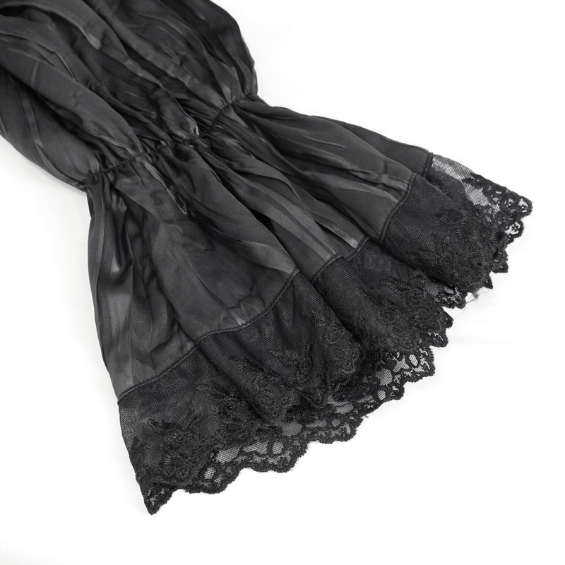 Men's gothic puff-sleeved ruffled black shirt with intricate lace detailing and removable chains.