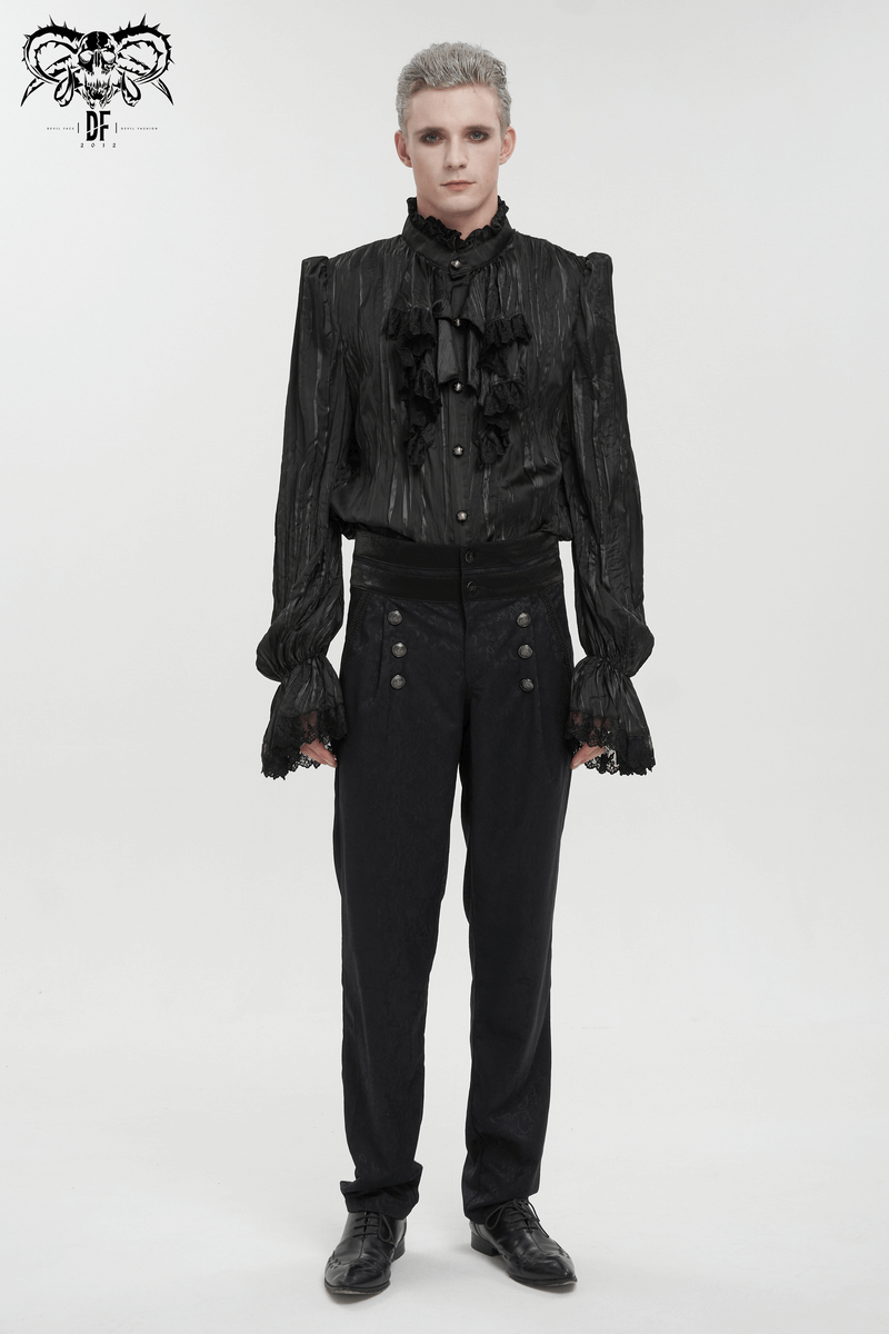 Men's gothic black puff-sleeved ruffled shirt with buttons and removable chains for a striking look.