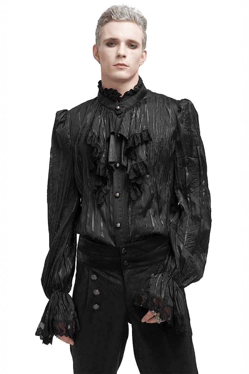 Men's gothic black puff-sleeved ruffled shirt with buttons and removable chains, perfect for a bold, stylish look.