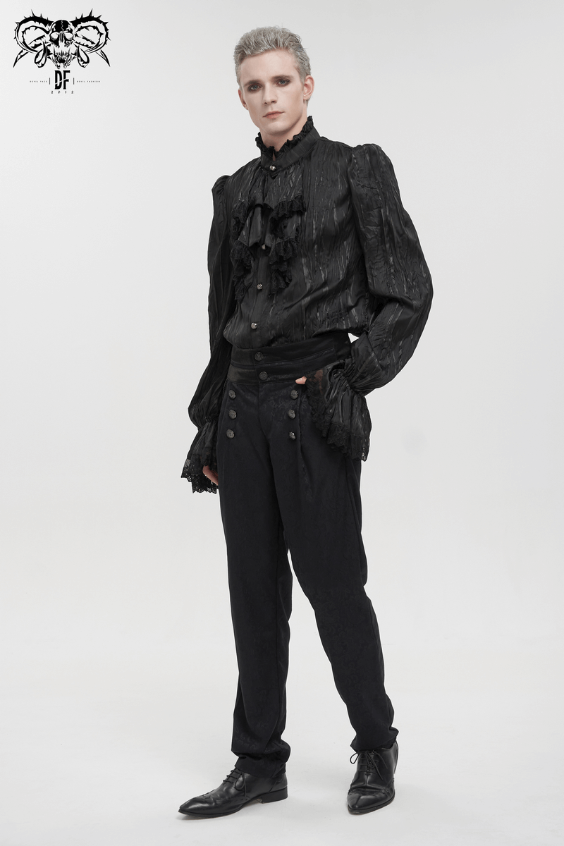 Men's gothic black puff-sleeved ruffled shirt with buttons and removable chains for a stylish, edgy look.
