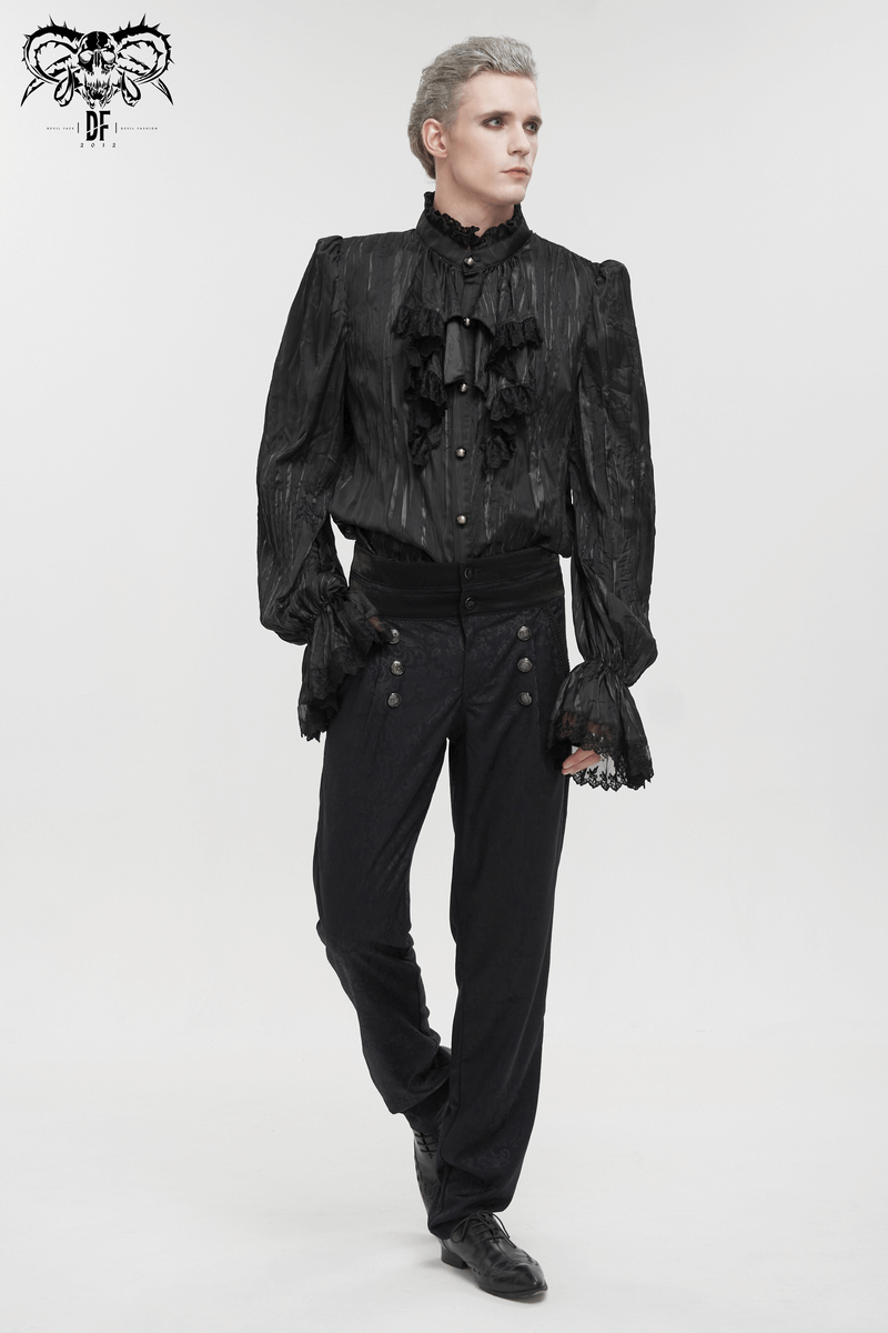 Men's Gothic black puff-sleeved ruffled shirt with removable chains and intricate button details.