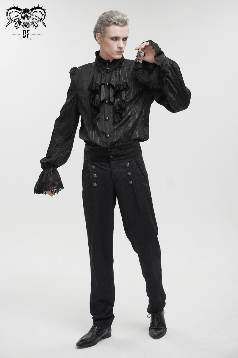 Men's Gothic puff-sleeved ruffled shirt in black with intricate buttons and removable chains, showcasing edgy elegance.