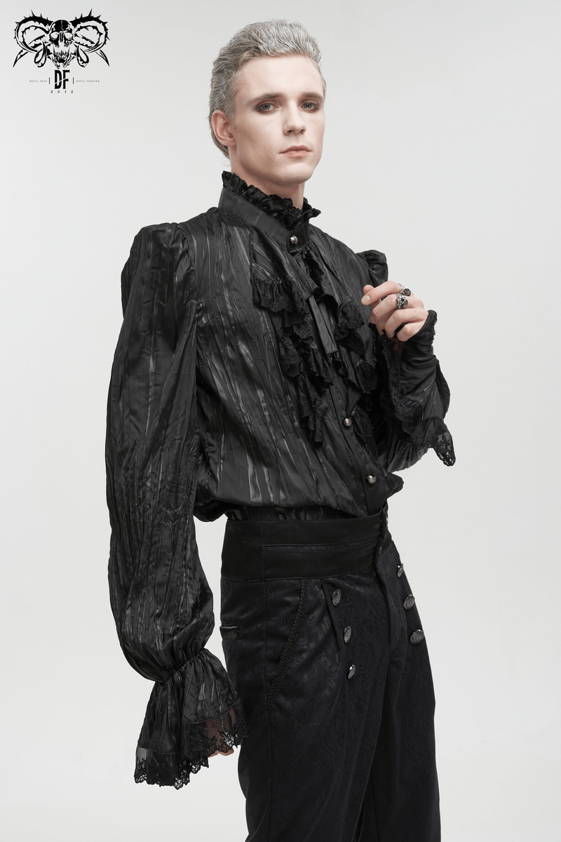 Men's Gothic Puff Sleeved Ruffled Shirt / Black Shirt with Buttons and Removable Сhains