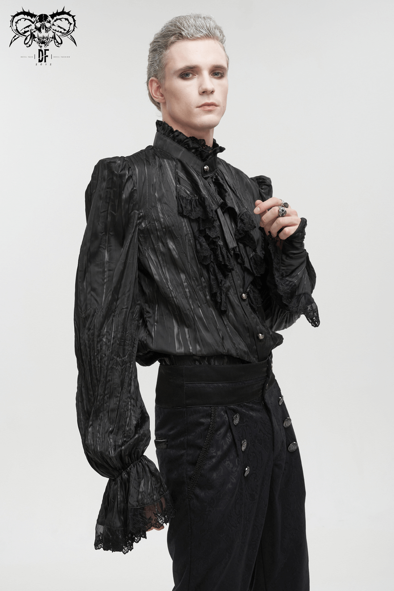 Men's gothic puff-sleeved ruffled shirt in black with intricate detailing and removable chains.