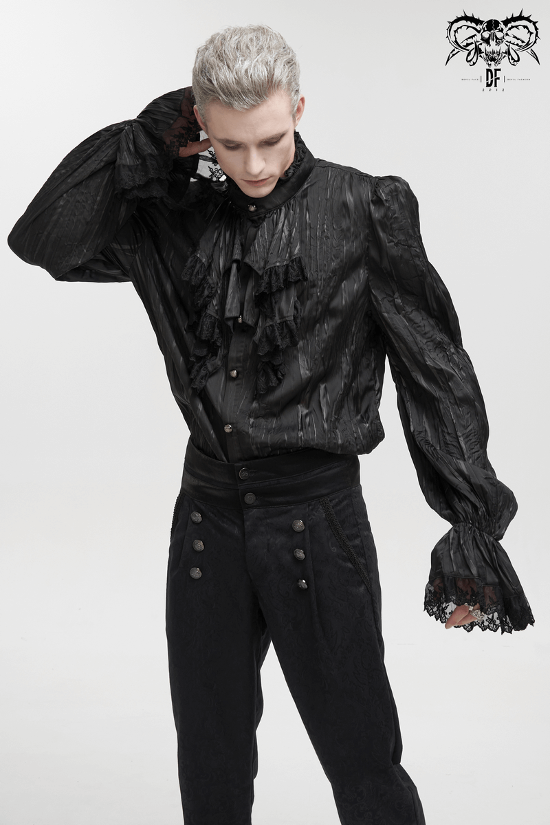 Men's gothic puff-sleeved ruffled black shirt with intricate detailing and stylish cuffs.