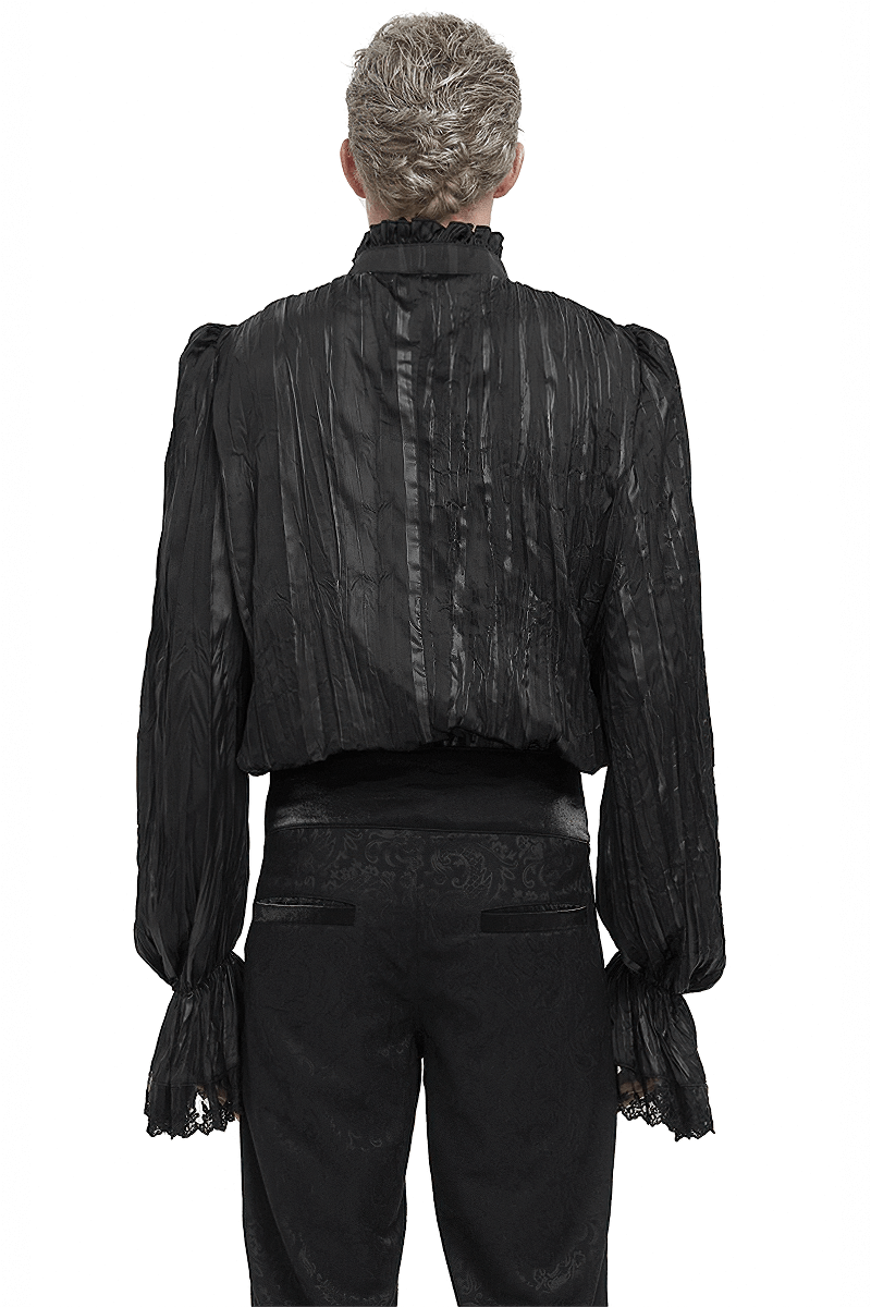 Back view of Men's Gothic Puff Sleeved Ruffled Shirt in black with intricate detailing and ruffled cuffs.