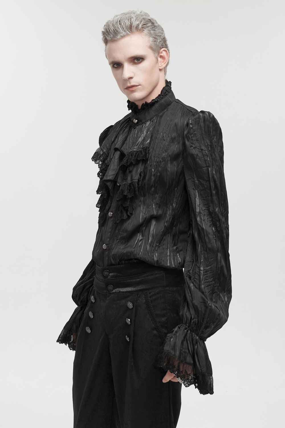 Men's gothic black ruffled puff sleeved shirt with intricate buttons and stylish removable chains.