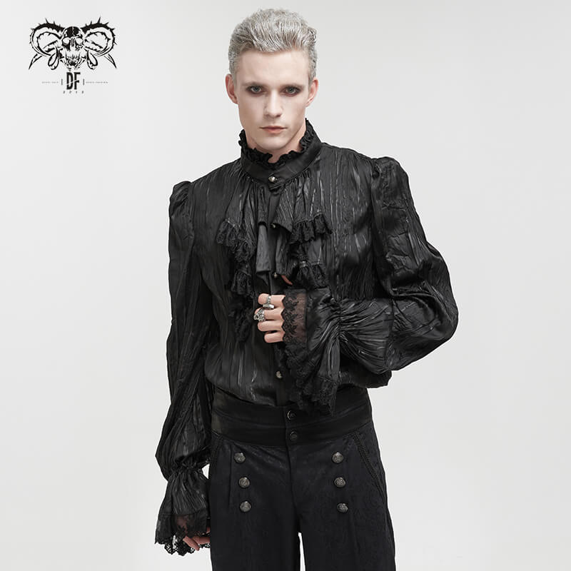 Men's Gothic Puff Sleeved Ruffled Shirt / Black Shirt with Buttons and Removable Сhains