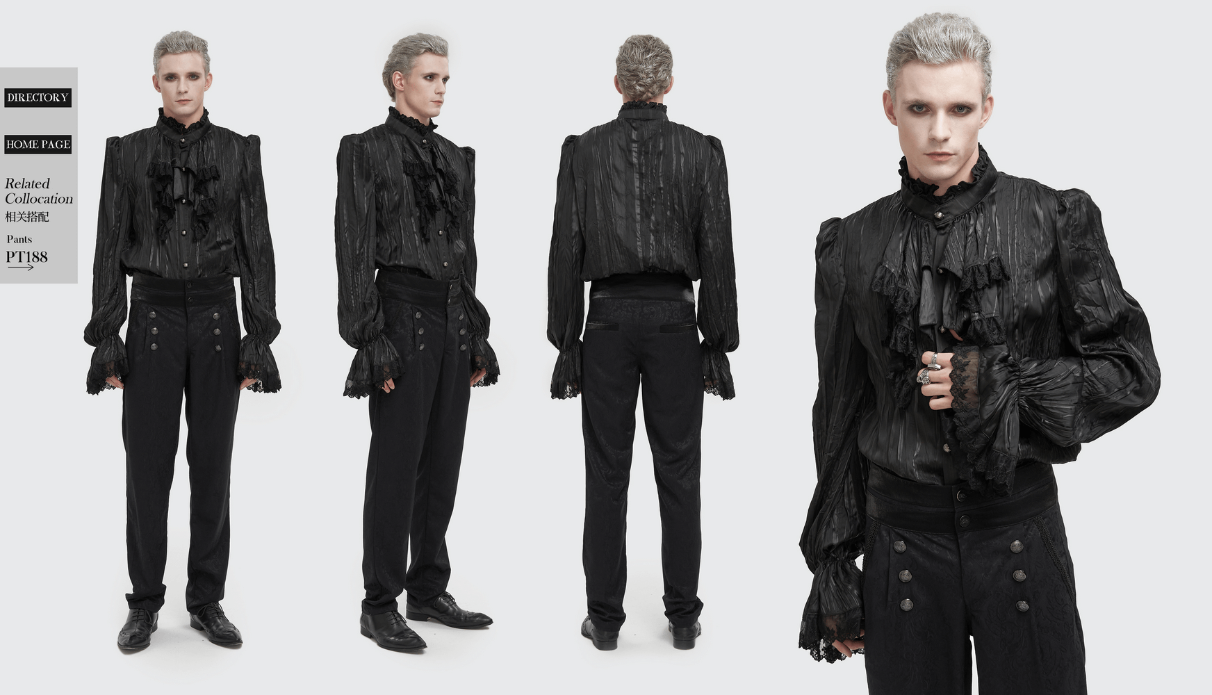 Men's gothic black puff-sleeved ruffled shirt with removable chains and button detailing.