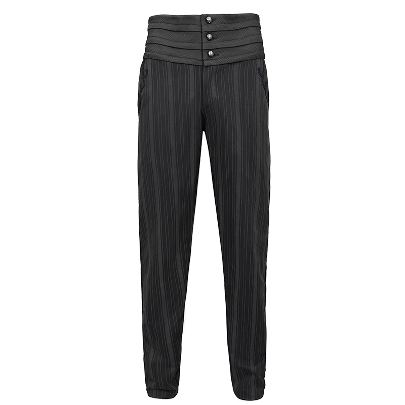 Men's Gothic Ribbed High-Waisted Pants / Elegant Black Straight Striped Trousers