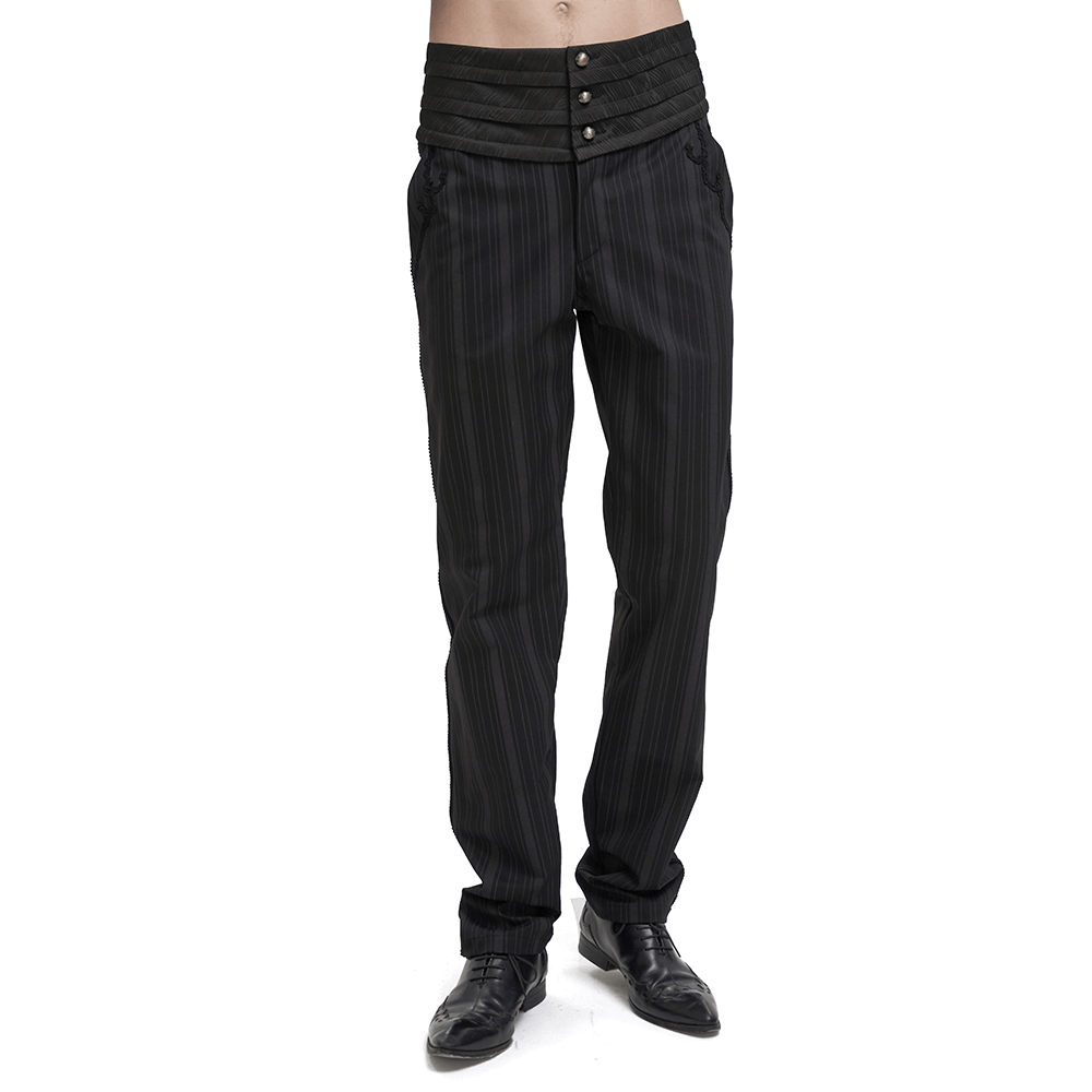 Men's Gothic Ribbed High-Waisted Pants / Elegant Black Straight Striped Trousers