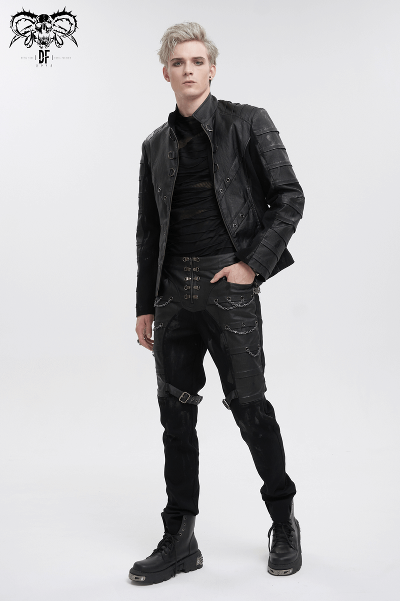 Men's gothic stand collar jacket with metal eyelets, styled with punk-inspired black pants and edgy footwear.
