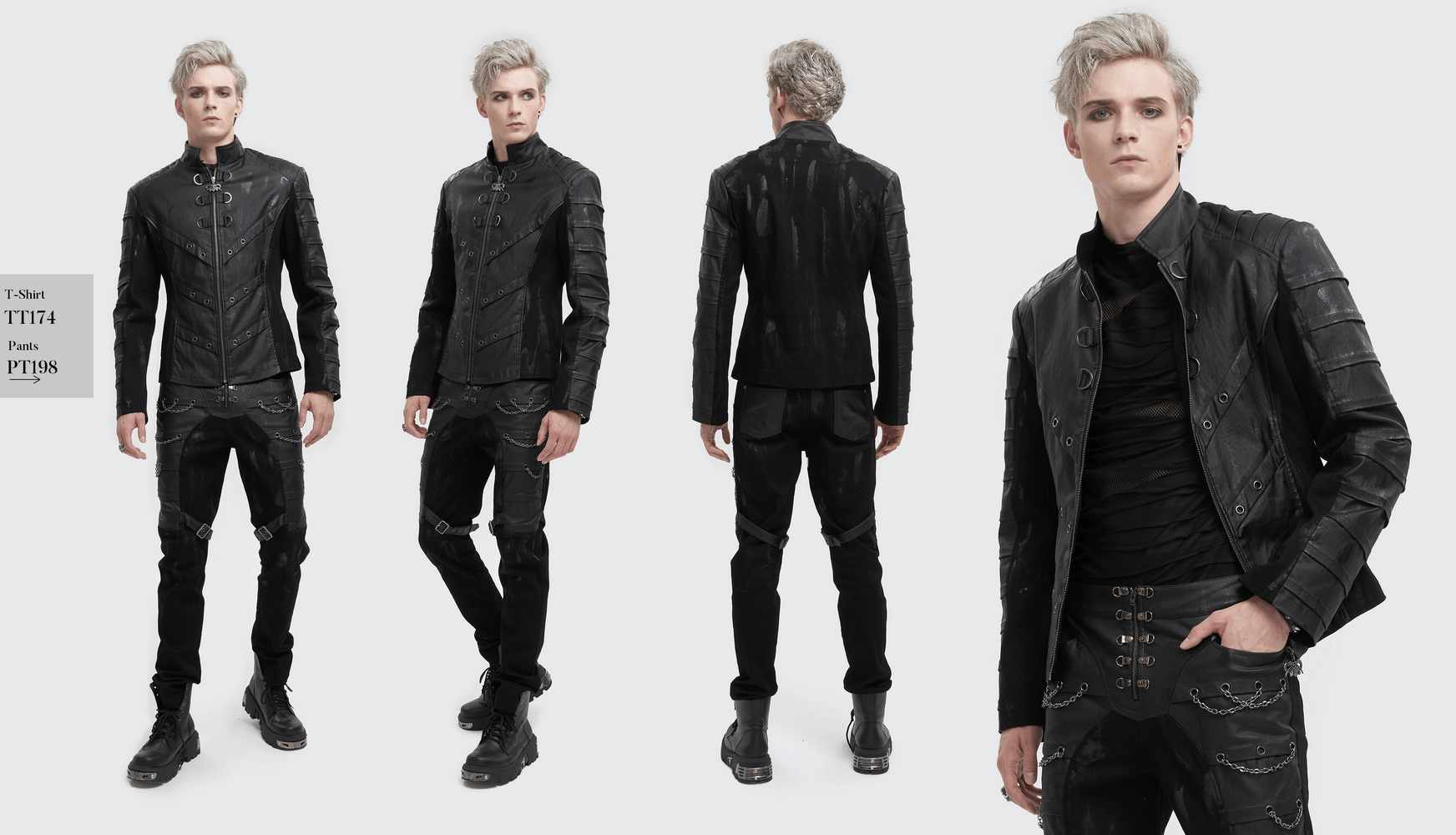 Men's Gothic Stand Collar Jacket featuring a ragged back design and metal eyelets, styled with edgy black pants.