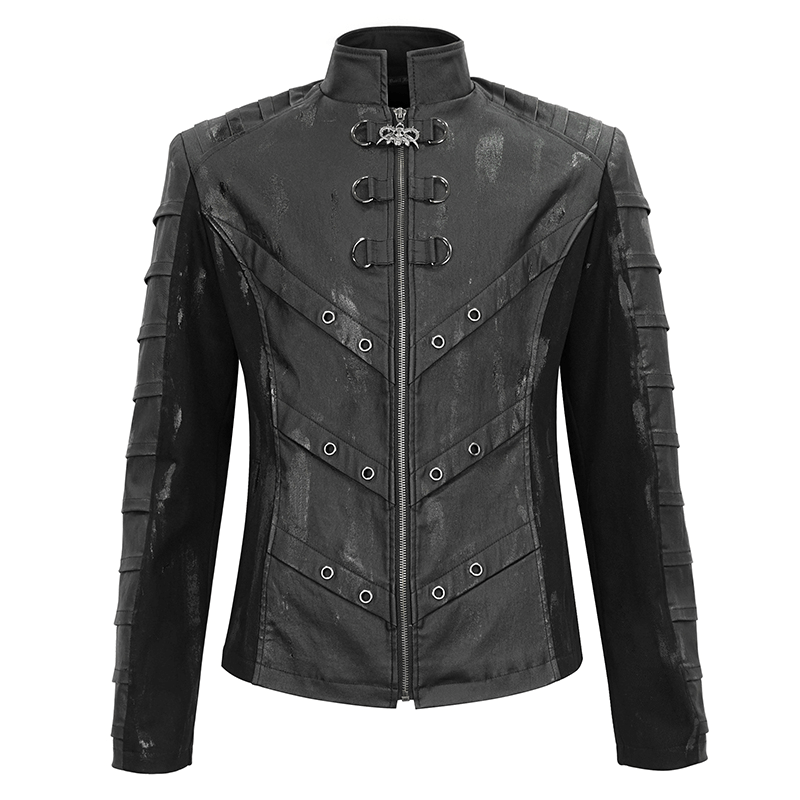 Men's gothic stand collar jacket with metal eyelets and stylish ragged back for a punk rock look.