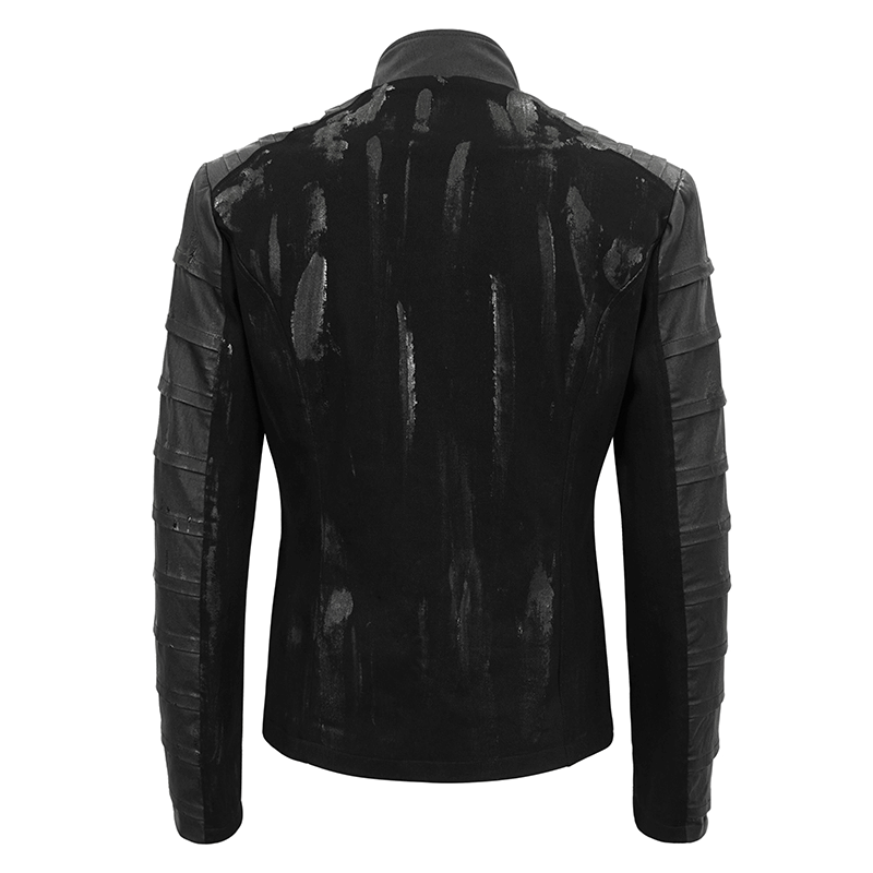 Men's Gothic Stand Collar Jacket with ragged back detail, showcasing a punk style and modern cut.