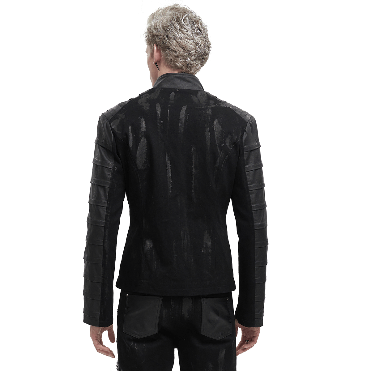 Men's Gothic Stand Collar Jacket with Metal Eyelets / Punk Short Jacket with Ragged effect on Back