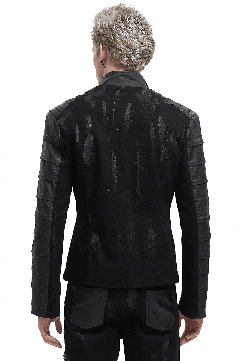 Men's Gothic Stand Collar Jacket with ragged back effect, showcasing modern punk style and trendy detail.