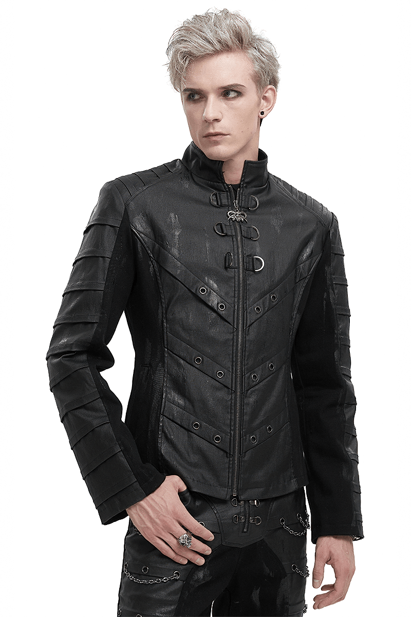 Men's Gothic stand collar jacket with metal eyelets, featuring a modern cut and unique ragged effect on the back.