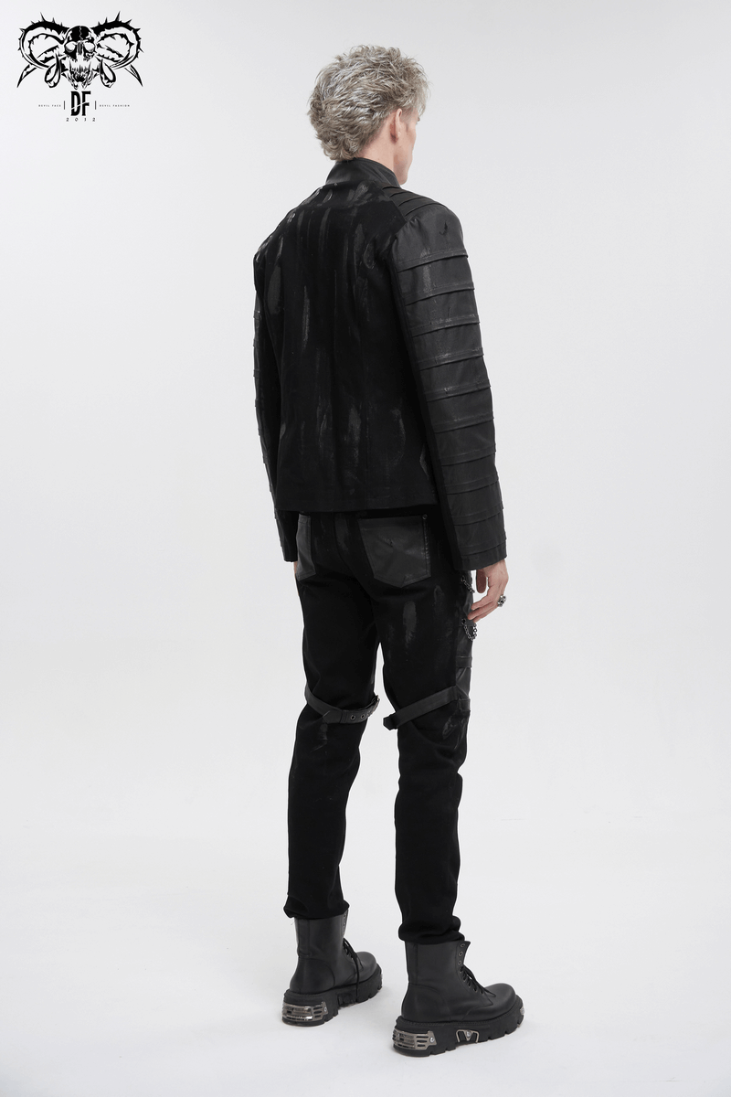 Men's Gothic stand collar jacket with metal eyelets and ragged back, showcasing a trendy punk style.
