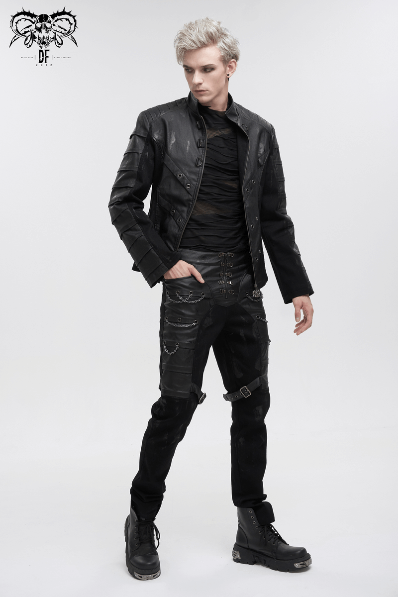 Men's gothic short jacket with metal eyelets, styled with rugged black pants and boots, showcasing a trendy punk look.