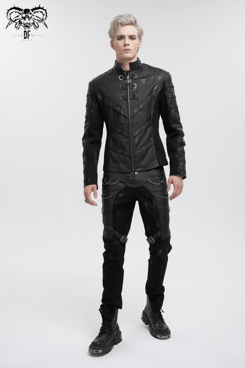 Men's Gothic stand collar jacket with metal eyelets and ragged effect, perfect for a punk-inspired look.