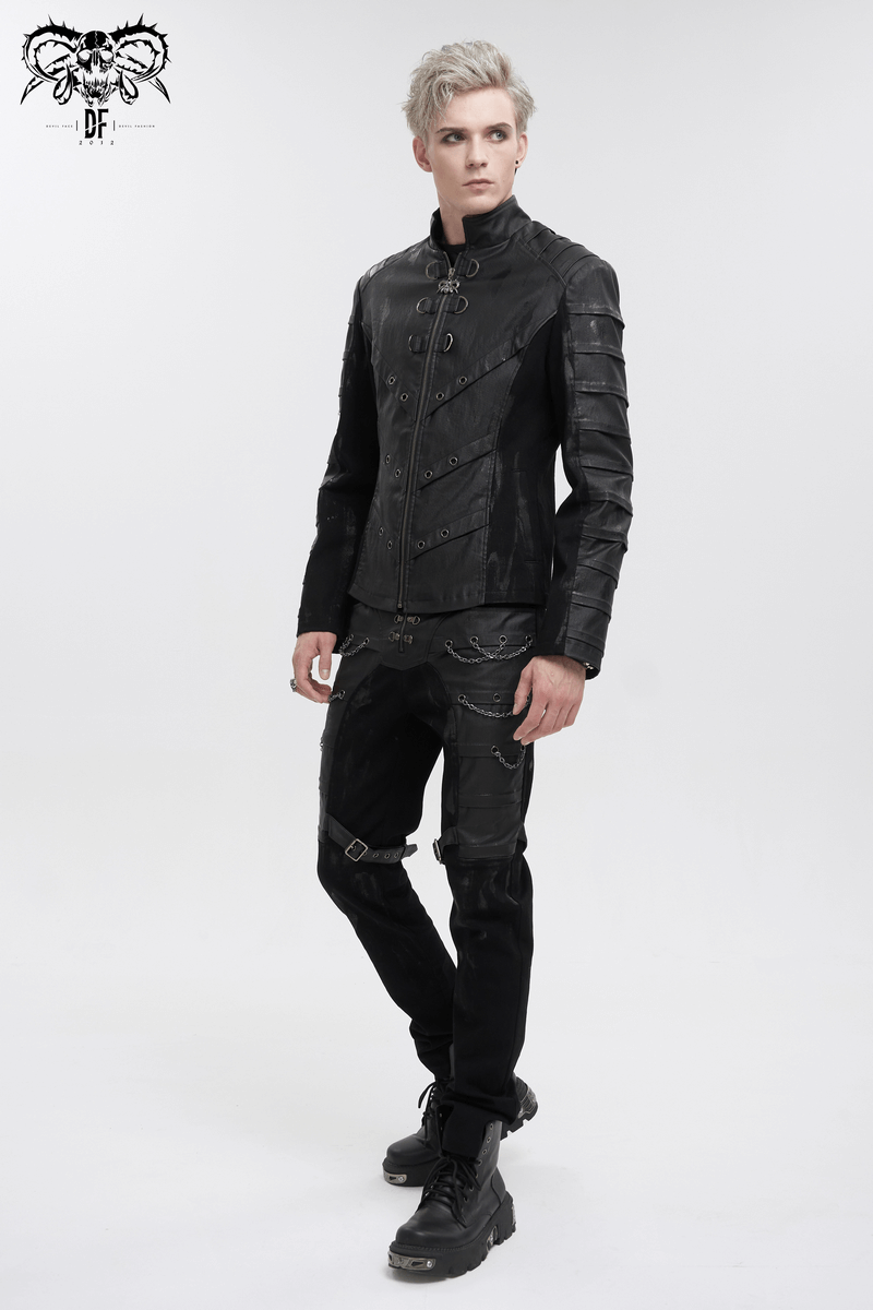 Men's Gothic stand collar jacket with metal eyelets, stylish punk design, featuring a ragged effect on the back.