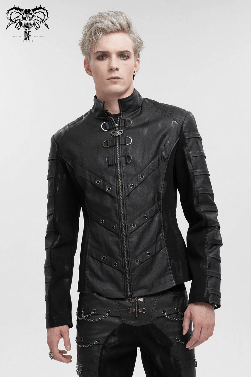 Men's Gothic Stand Collar Jacket with Metal Eyelets / Punk Short Jacket with Ragged effect on Back