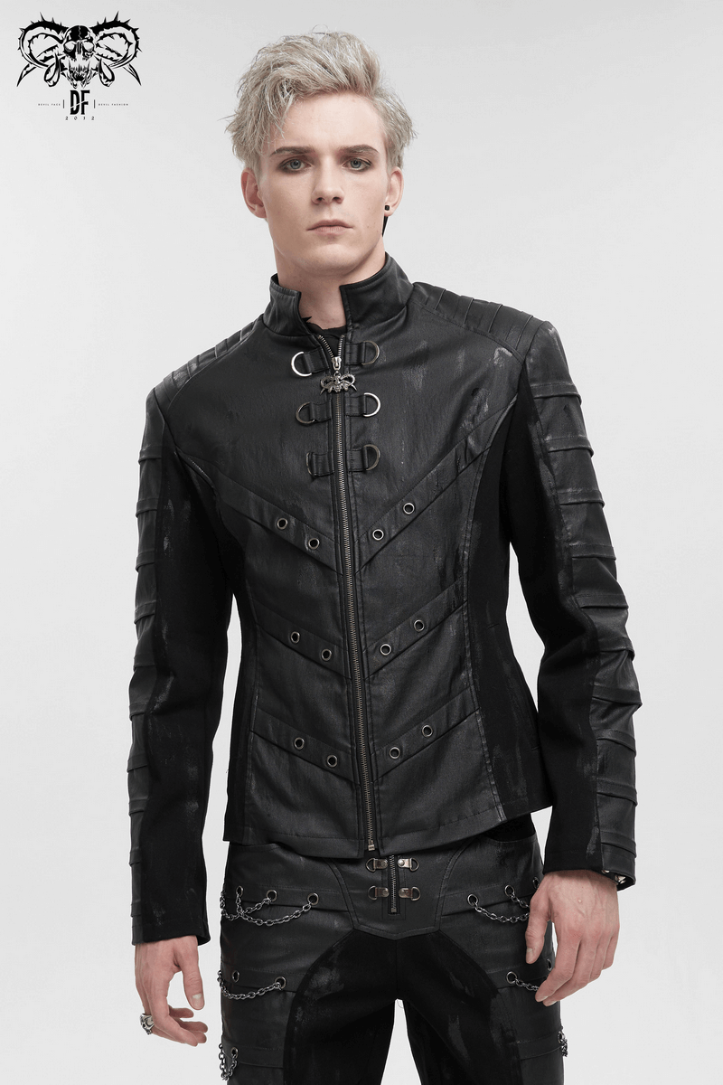 Men's Gothic stand collar jacket with metal eyelets and a modern cut for trendy punk style.