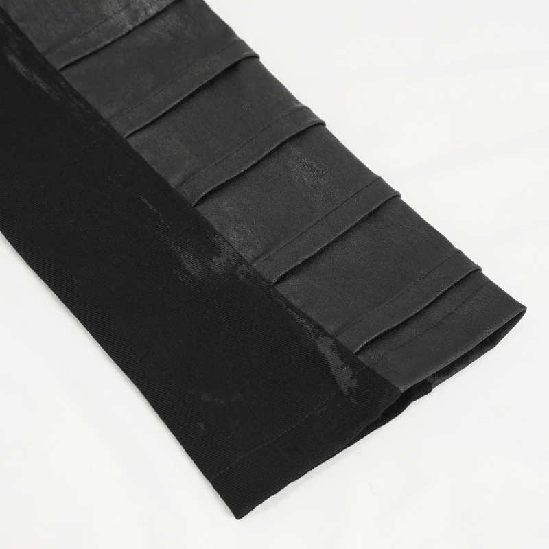 Close-up of black men's gothic jacket sleeve with textured pleats and smooth fabric for a punk aesthetic.