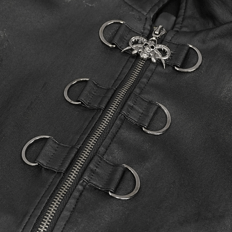 Close-up of a black gothic jacket featuring metal eyelets and a skull zipper pull for a punk aesthetic.
