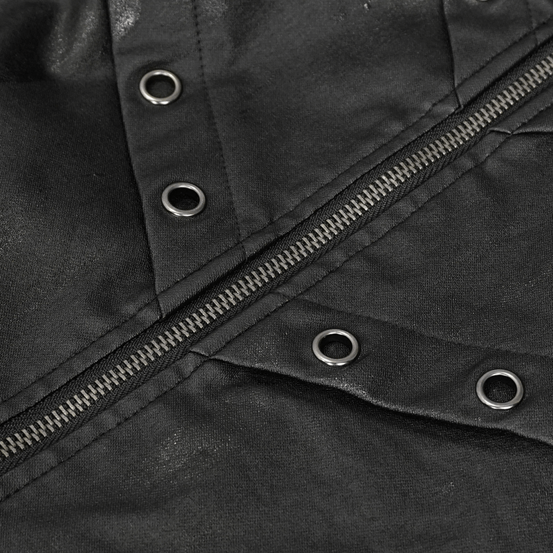 Close-up of a black men's gothic stand collar jacket featuring metal eyelets and a zipper.