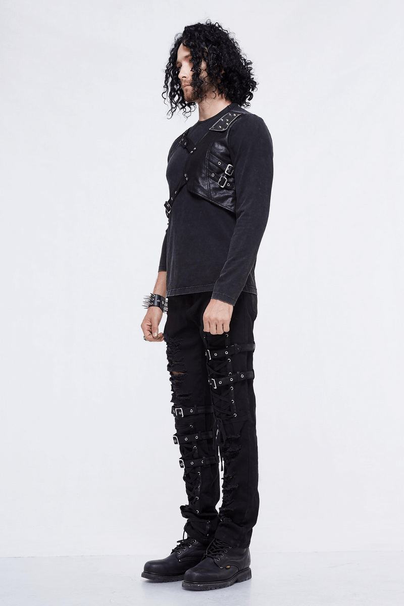Men's Gothic Top with Chess Harness / Punk Long Sleeves Black Top with Rivets