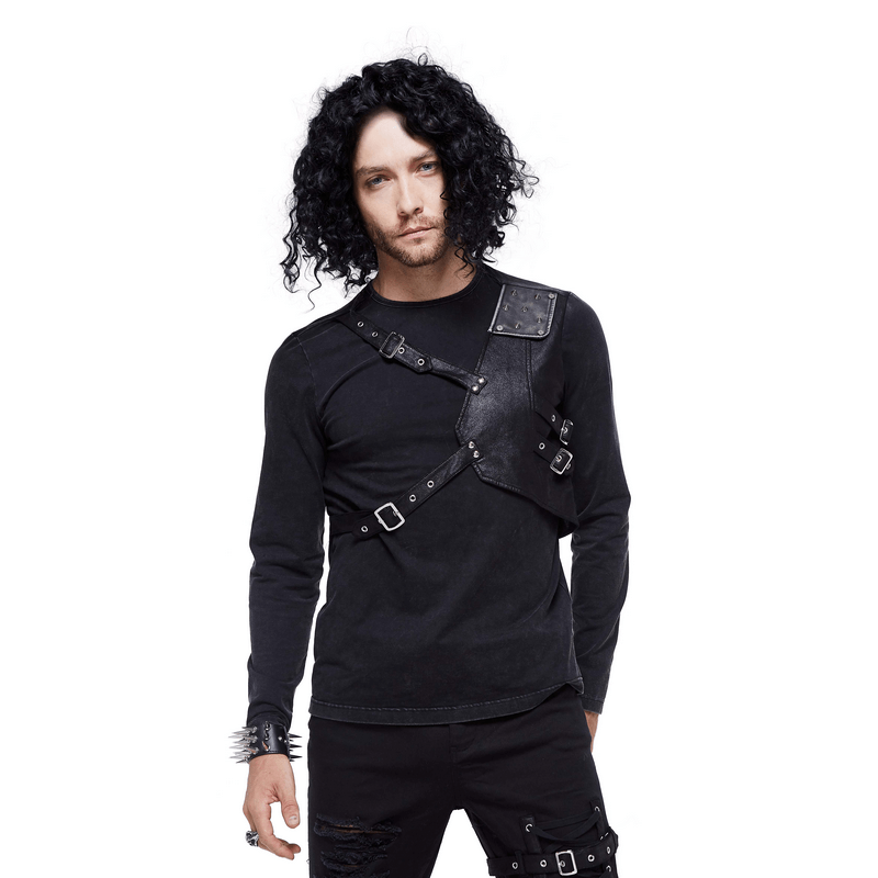 Men's Gothic Top with Chess Harness / Punk Long Sleeves Black Top with Rivets