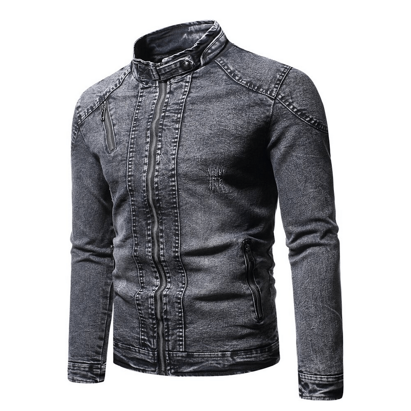 Men's denim biker jacket with stand collar and plush lining, stylish and comfortable for casual wear.