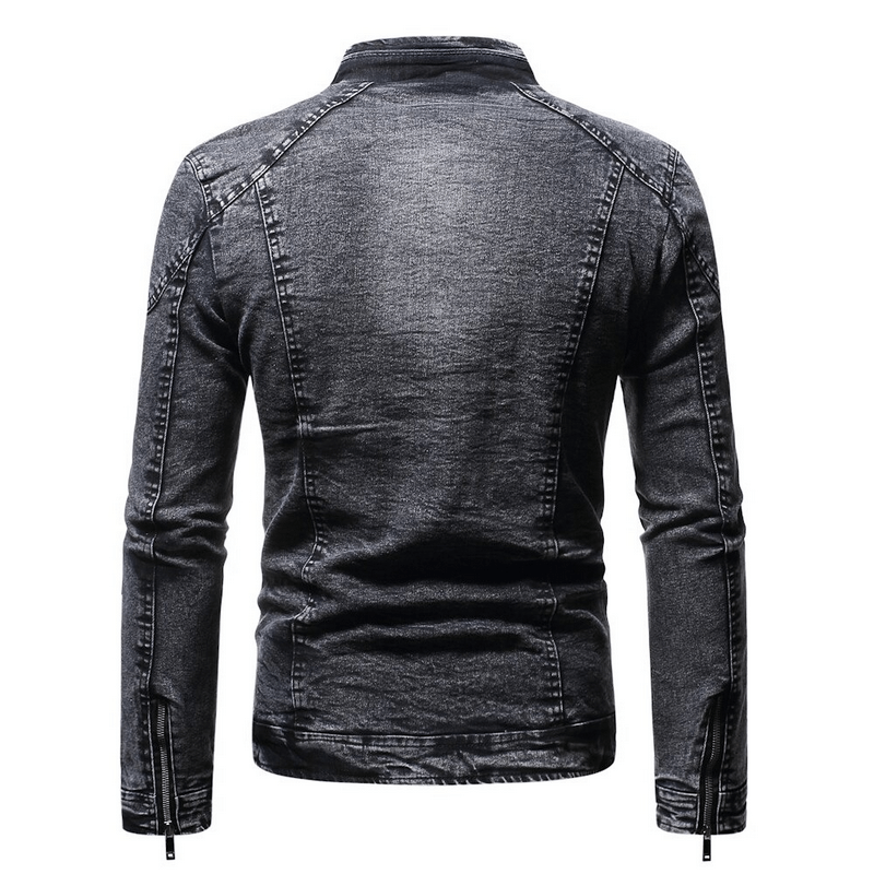 Back view of a men's biker-style denim jacket with plush lining in black, showcasing quality fabric and sleek design.