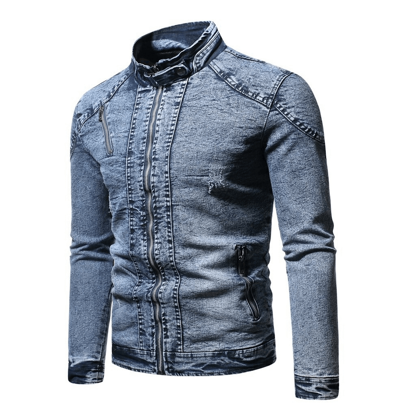 Men's denim biker jacket with plush lining and stand collar, stylish and comfortable for casual wear.