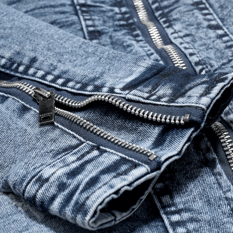 Close-up of men's denim jacket with plush lining and zippers, showcasing quality fabric and biker style details.