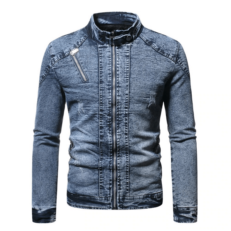 Men's biker denim jacket with plush lining, stylish stand collar, and quality denim fabric.