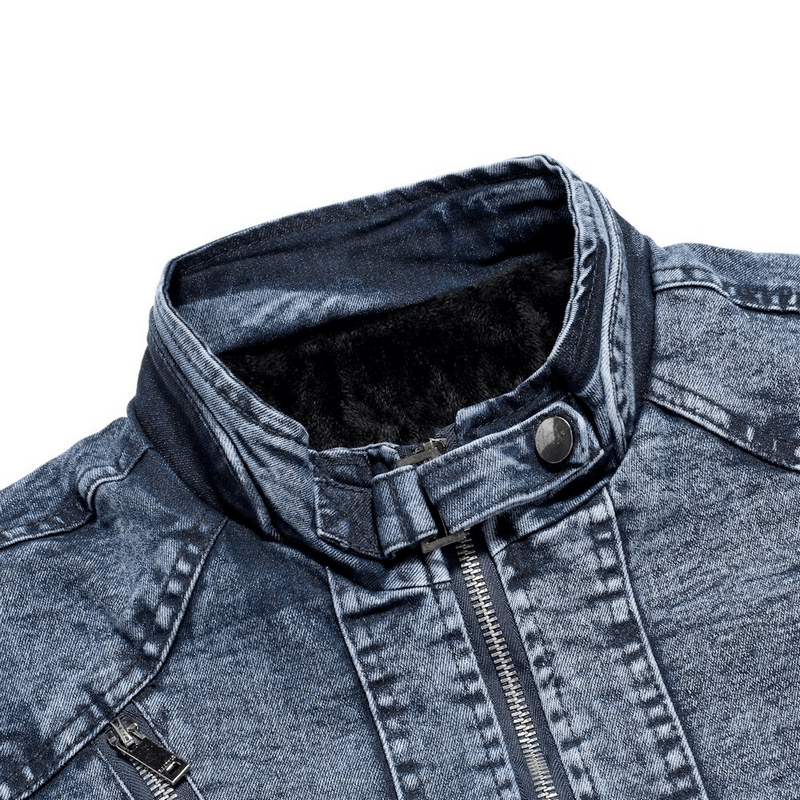 Close-up of men's denim biker jacket collar with plush lining, showcasing modern design and quality fabric.