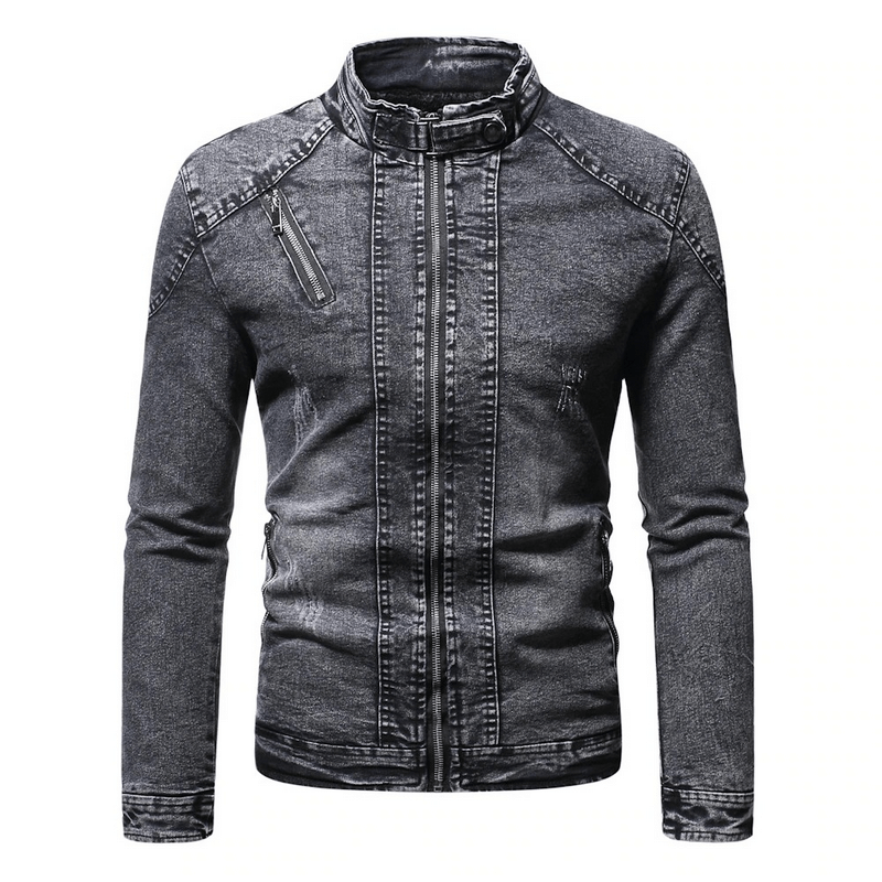 Men's Jean Jackets with Plush Lining / Biker Solid Jacket with Stand Collar / Denim Outfits for Men
