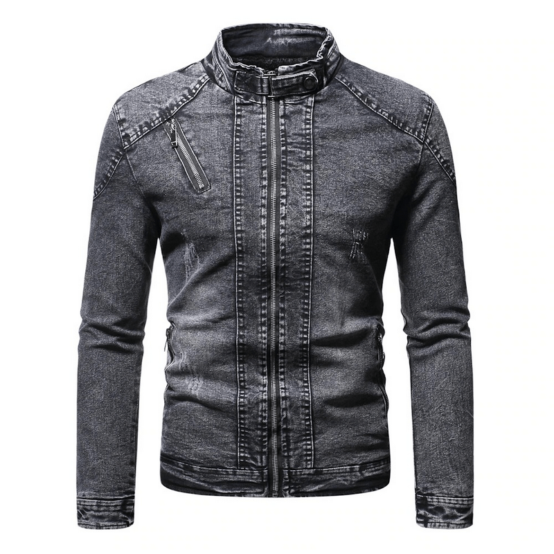 Stylish men's denim jacket with plush lining, biker style and stand collar, perfect for trendy outfits.