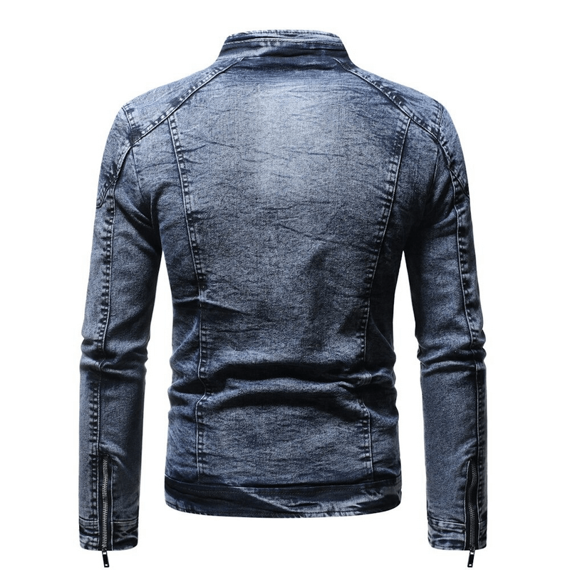 Men's denim biker jacket with plush lining, showcasing a stylish back view and quality fabric.