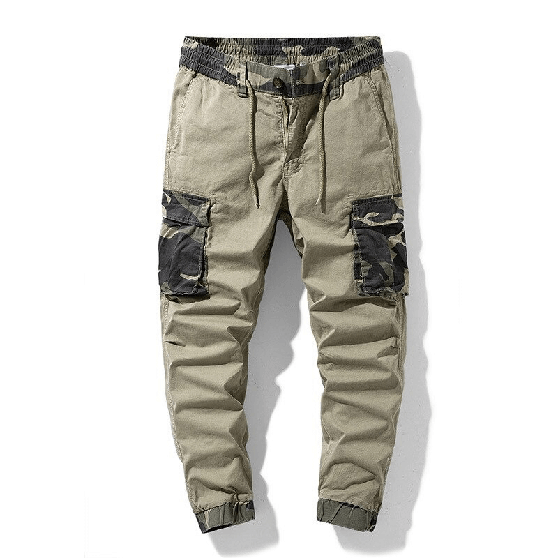 Men's camouflage joggers with cargo pockets, elastic waist, trendy streetwear style, perfect for casual outfits.