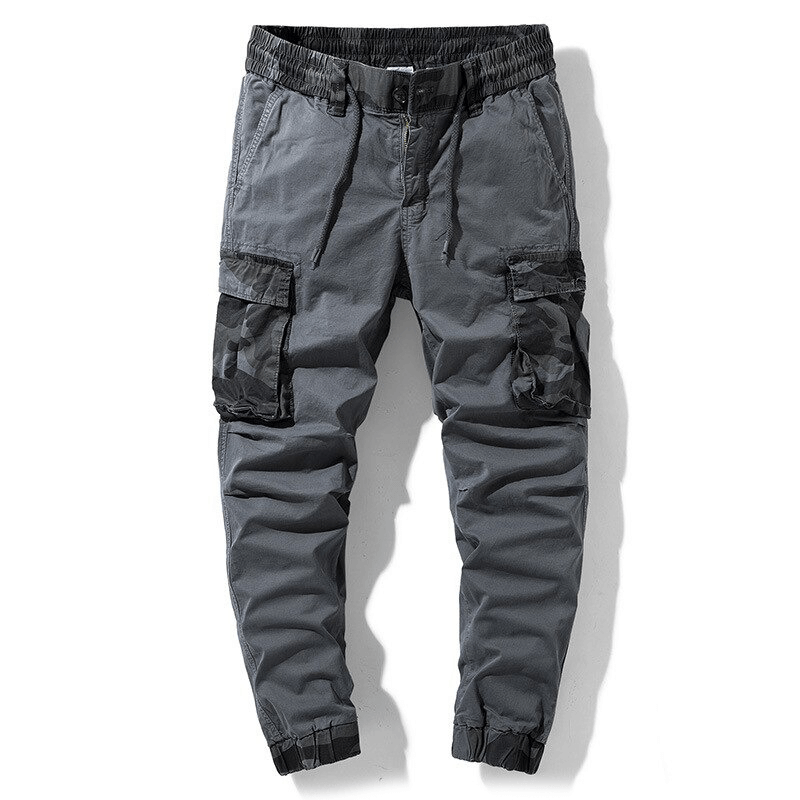 Men's camo joggers with elastic waist, modern cargo style in gray, ideal streetwear for casual looks.