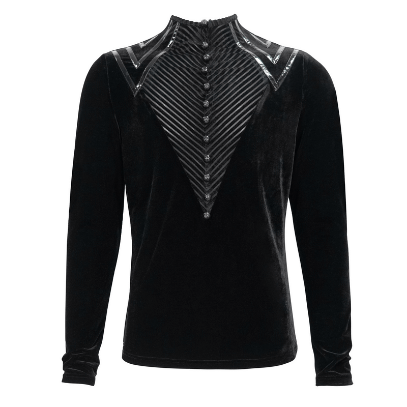 Men's Gothic Style Black Velvet Top with Leather Strips and Button Details, Long Sleeves
