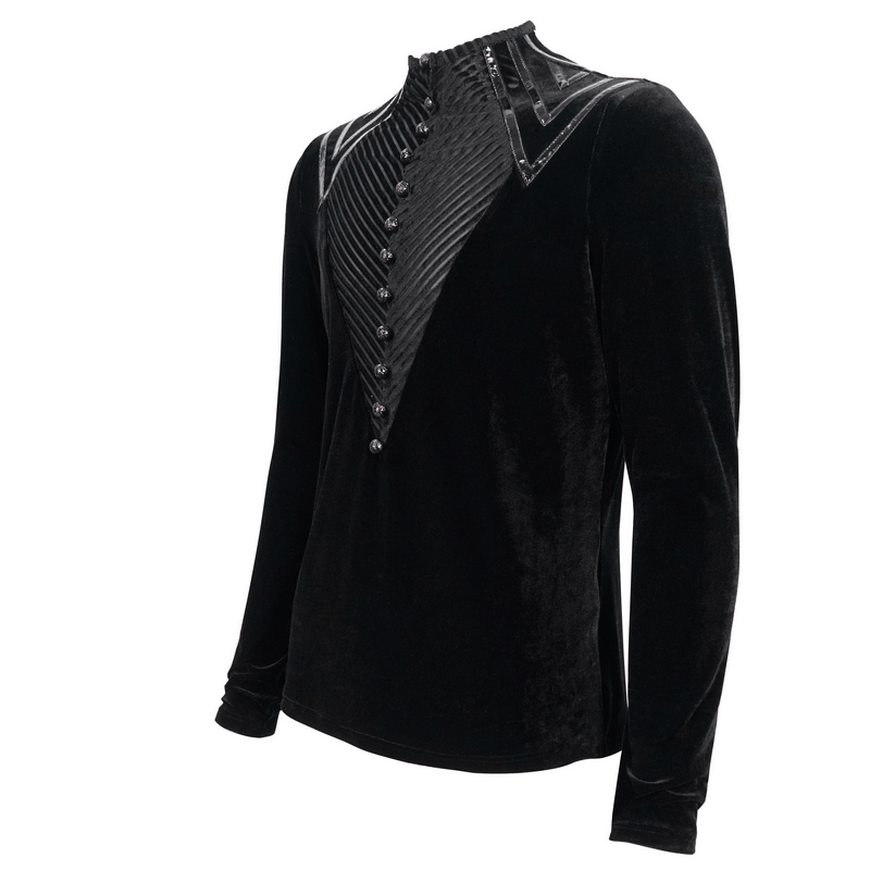 Men's black velvet Gothic style long sleeve shirt with leather strips and buttoned accents.