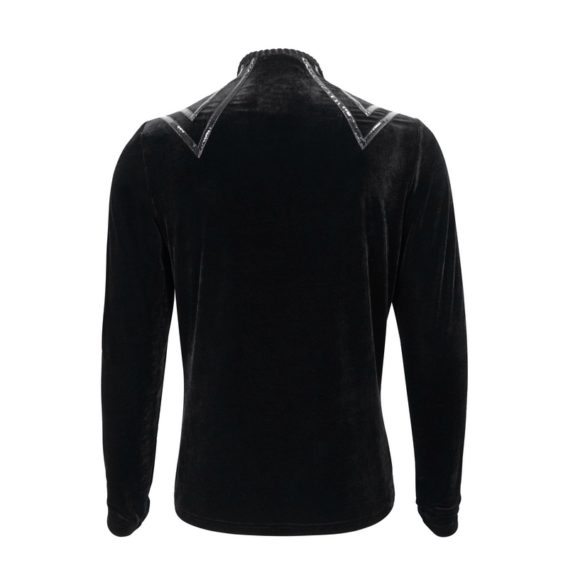 Men's Gothic style black velvet top with leather strips, featuring long sleeves and stylish buttoned accents.